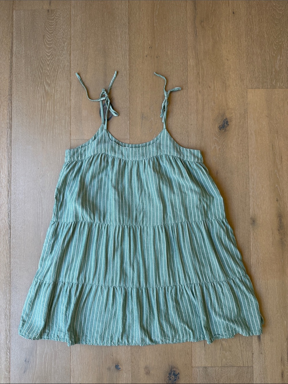 O'Neill Sage Green Striped Tie-Shoulder Tiered Mini Dress